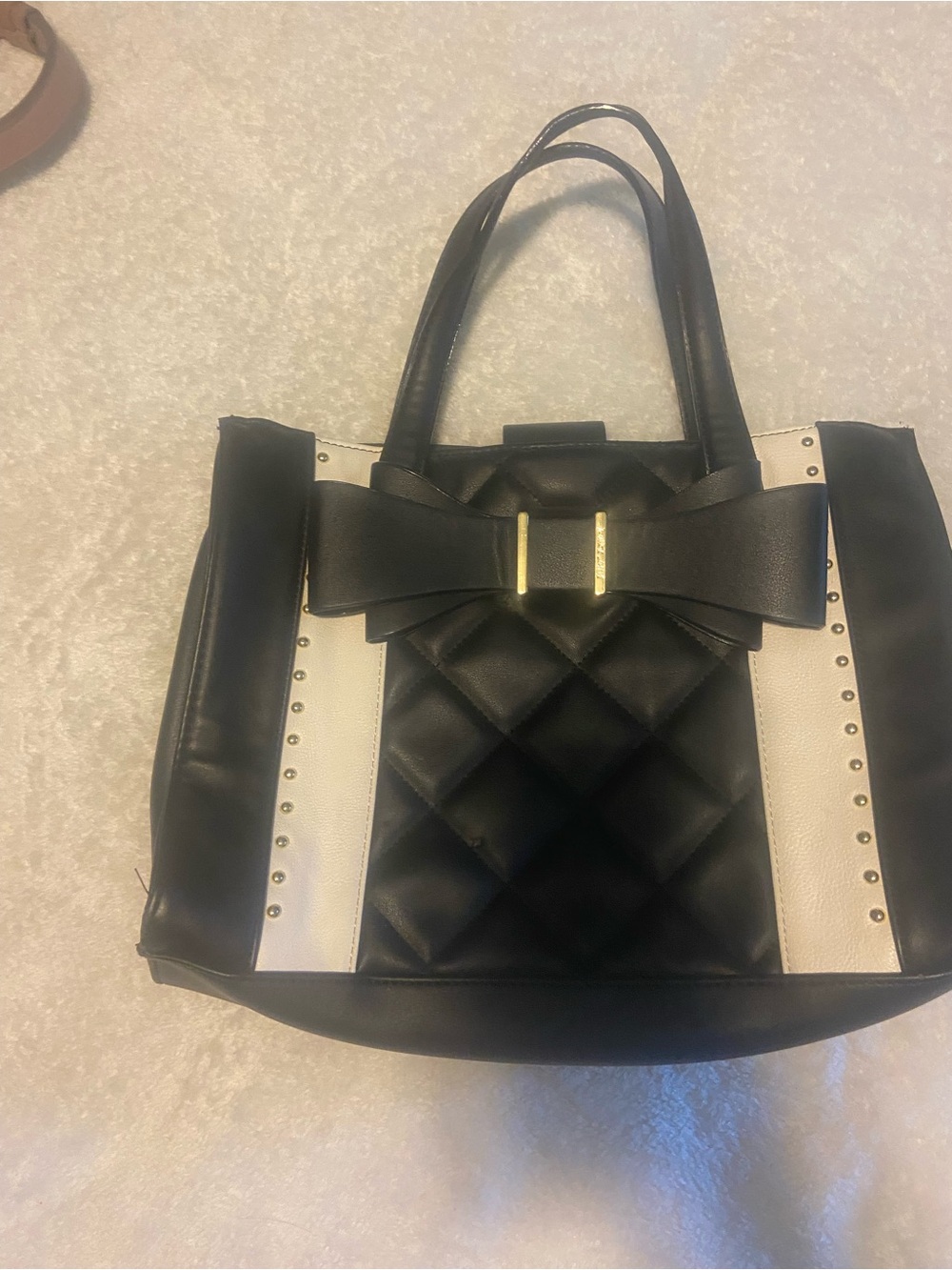 Betsey Johnson Black & White Quilted Bow Tote with Stud Accents